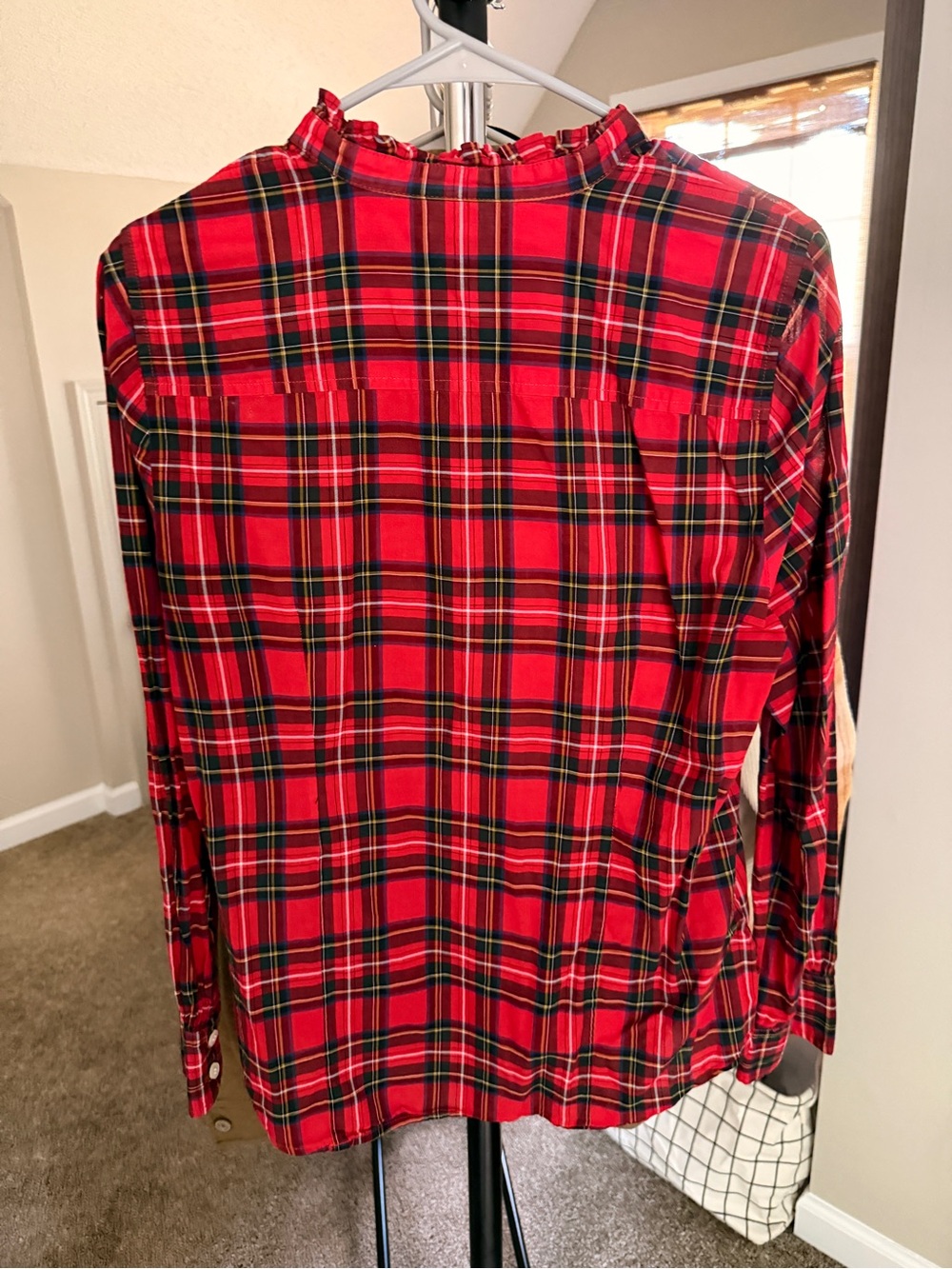 J. Crew Red Plaid Ruffle-Neck Button Shirt - Picture 2 of 5